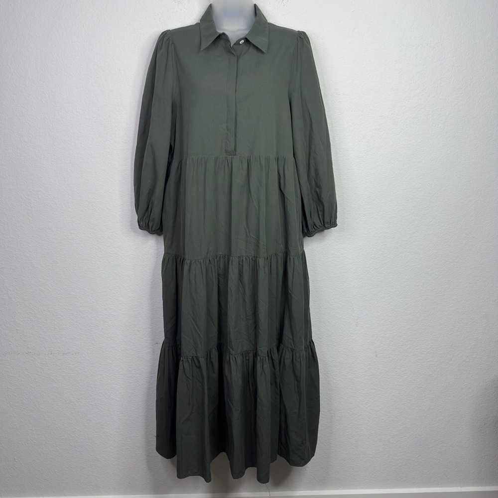 Pomander Place Tuckernuck Mabel Maxi Dress Womens L Green Boho Tiered Prairie